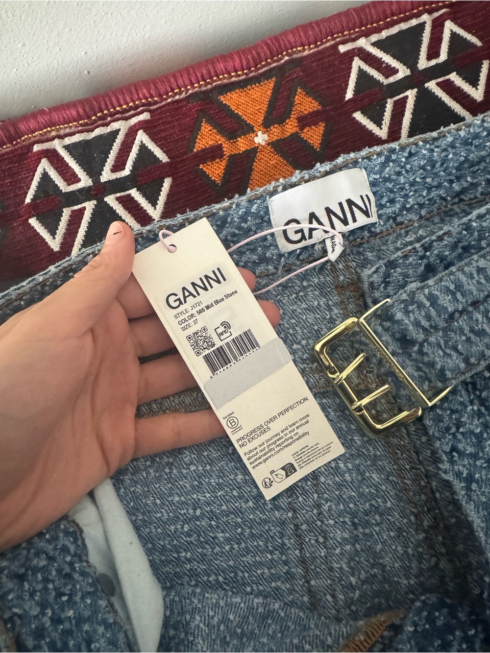 Ganni Light Blue Textured Wide-Leg Jeans with Studded Belt - Picture 3 of 6